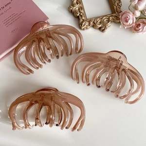 Close-up of large octopus hair claw clips in translucent amber for thick hair styles
