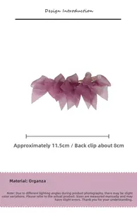 Detail showing the purple organza bow hair clip with size measurements 11.5cm and 8cm