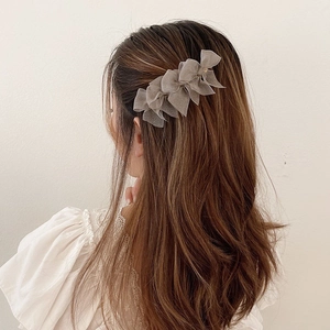 Elegant triple grey mesh bow hair clip for women, handmade fairy style ribbon headpiece