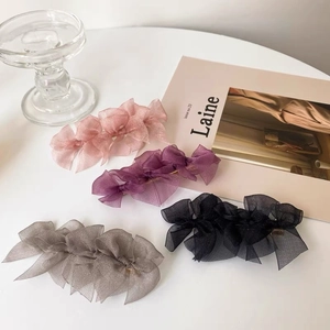 Elegant organza bow hair clip set in pink, purple, grey, and black colors for women