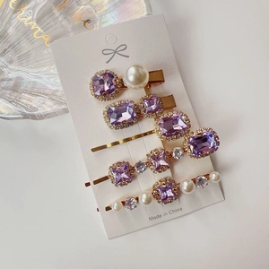 Five-piece vintage hair clip set with purple crystals and pearls on golden alloy base