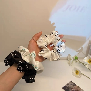 Korean Style Sweet Smile Face Fabric Scrunchies Satin Look Elastic Hair Ties Handmade Ruffled Ponytail Holder For Women
