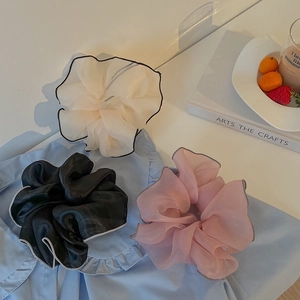 Three-piece set of large contrast mesh organza scrunchies in cream, black, and pink