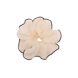 Elegant French style contrast mesh scrunchie in cream white with black stitching detail