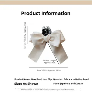 Detailed size chart showing 11cm ribbon bow hair claw with 6.5cm clip and faux pearls