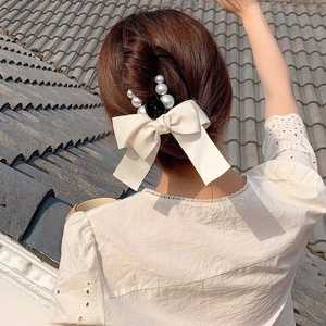 Elegant Satin Bow Hair Claw Clip With Faux Artificial Pearls French Ribbon Hair Clamp For Women Daily Wedding Party Hair Accessories