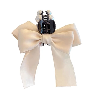 Elegant French style cream satin bow hair claw clip with pearls for women and girls