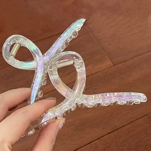 Grande pince à cheveux transparente laser irisée pour coiffure de cheveux épais