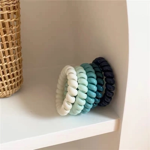 Fünf dünne bunte Spiralhaargummis in Mint und Blau im weißen Regal arrangiert