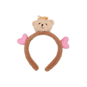 Cute brown plush headband with teddy bear and pink hearts for face washing or makeup
