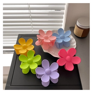 Vue détaillée de pinces à cheveux fleurs mates en six couleurs sur une assiette en céramique