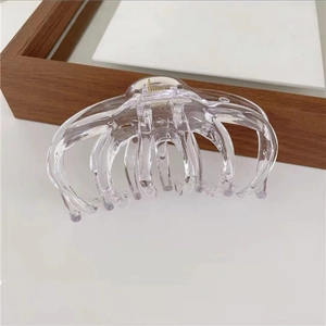 Macro view of transparent acrylic octopus hair claw with strong metal spring and teeth