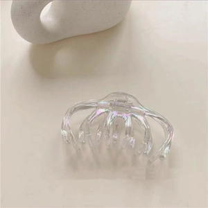 Macro view of transparent iridescent hair claw clip with light polarized coating