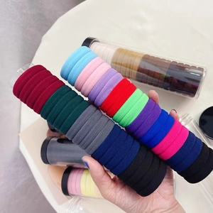 Close-up of assorted colorful elastic hair ties in a clear cylindrical storage container