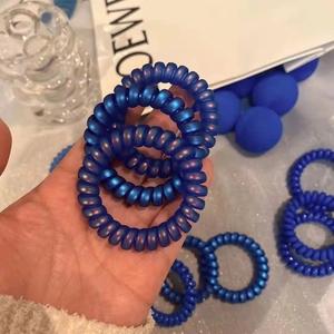 Détail des chouchous spirales bleu Klein avec une finition mate nacrée métallique