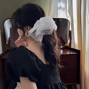 Vue détaillée d'un chouchou élégant en dentelle blanche avec mesh à pois délicats