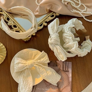 French Vintage Milk White Headband For Women Elegant Pleated Fabric Hairband With Faux Artificial Pearl Edge Bow Hair Accessories