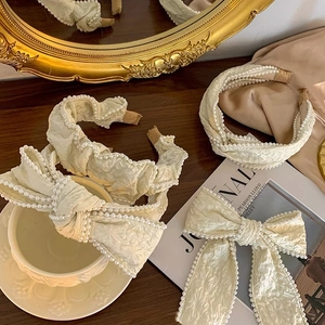 Creamy pleated headband set with pearl edges and vintage French bow accessories