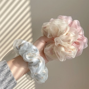Chouchous Géants en Organza Imprimé Floral Mesh Élastiques à Cheveux Douce Fée Support Queue de Cheval pour Femmes Accessoires Cheveux Mode
