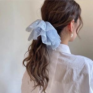 Gros plan d'un chouchou en dentelle bleu clair à pois blancs sur une queue de cheval