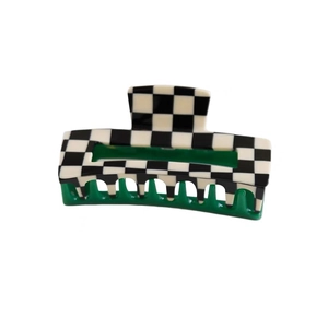 Checkboard acetate hair claw clip with green base for elegant updos and styling