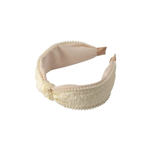 Creamy white lace headband with white pearls and knot design in French vintage style