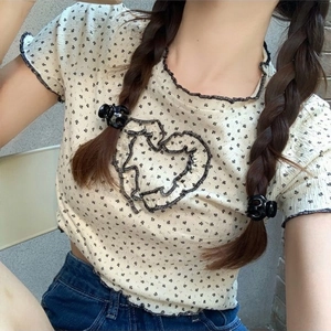 Beige crop top with mini floral print and heart-shaped ruffle trim for women