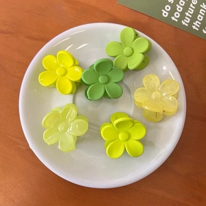 Vue détaillée de six mini pinces à cheveux en forme de fleur sur un plateau blanc