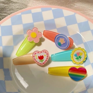 Cute macaron color tulip and cherry hair clips set for girls in a decorative tray