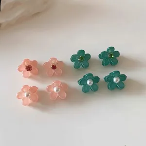 Set di 8 mollette per capelli a fiore con petali rosa e verdi, perle e strass lucidi
