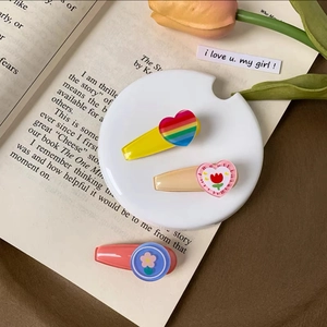 Cute tulip and cherry themed girls hair clips in colorful acrylic heart and round shapes