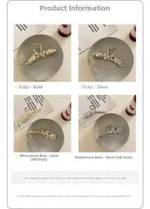 Detailed comparison of tulip and rose hair claws with sizes and pearl rhinestone accents