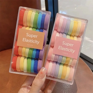 Détails d'élastiques à cheveux haute élasticité en couleurs arc-en-ciel et macaron