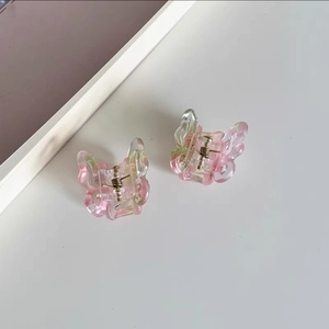Detail of mini butterfly hair clips with pink and green gradient resin texture