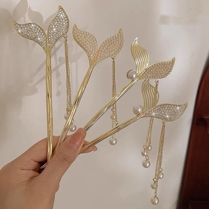 Elegant Mermaid Tail Tassel Hair Stick Alloy Rhinestone Artificial Pearl Hair Fork Vintage Ancient Style Hanfu Hair Jewelry For Women
