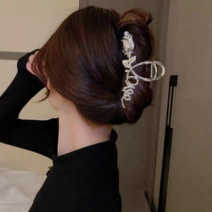Elegant silver metal rose hair claw clip with white pearl detail for women hairstyles