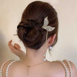 Elegant gold mermaid tail hair pin with long pearl tassels and rhinestone earrings set