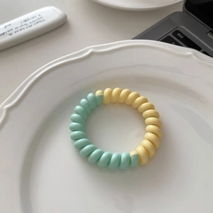 Détail d'un élastique spirale vert menthe et jaune pâle sur un plateau blanc
