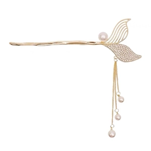 Elegant gold mermaid tail hair pin with dangling pearls and sparkling rhinestones