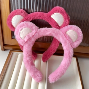 Cute strawberry pink plush bear ear headbands for women's face washing and hair styling