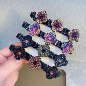 Barrettes à Cheveux Bec de Canard Fleur en Strass Style Coréen Élégantes Pinces Latérales Tressées en Résine Cristal pour Femmes