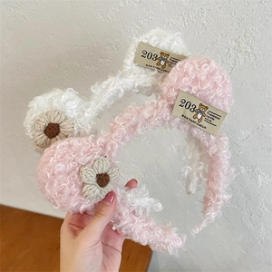 Cute plush bear headband in white and pink lamb wool with knit flower decoration