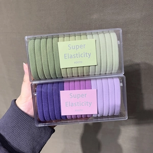 Detailed view of two boxes with high elasticity hair ties in green and purple gradients