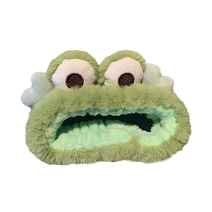 Cute green plush frog headband with big eyes for girls, soft furry hair accessory
