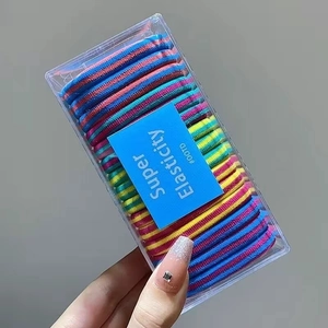 Close-up of high-elasticity hair bands in transparent box with blue label display