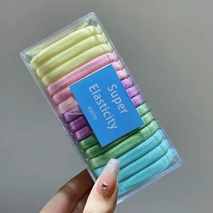 Detail of multi-colored high elasticity hair ties in a clear rectangle storage box