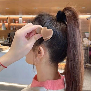 Elegant heart-shaped flocked hair claw clip for high ponytail styling in coffee and black