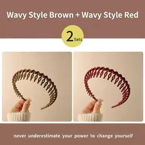 Set of two wavy flocked headbands in brown and red with non-slip teeth for women