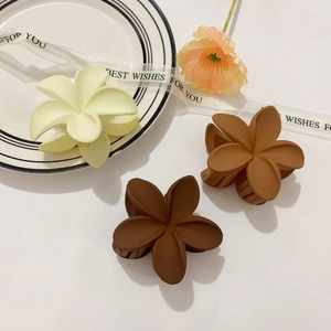 Pinzas para el pelo con flores mate en crema y marrón sobre un plato elegante