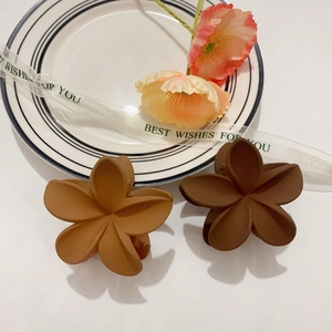 Detalle de dos pinzas para el cabello de flores marrones mate en un plato decorativo blanco